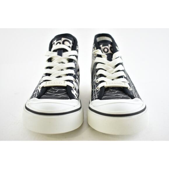 Chanel 20P Black White Fabric CC Logo Flat High Top Runner Trainer Sneaker 37 - Picture 5 of 10